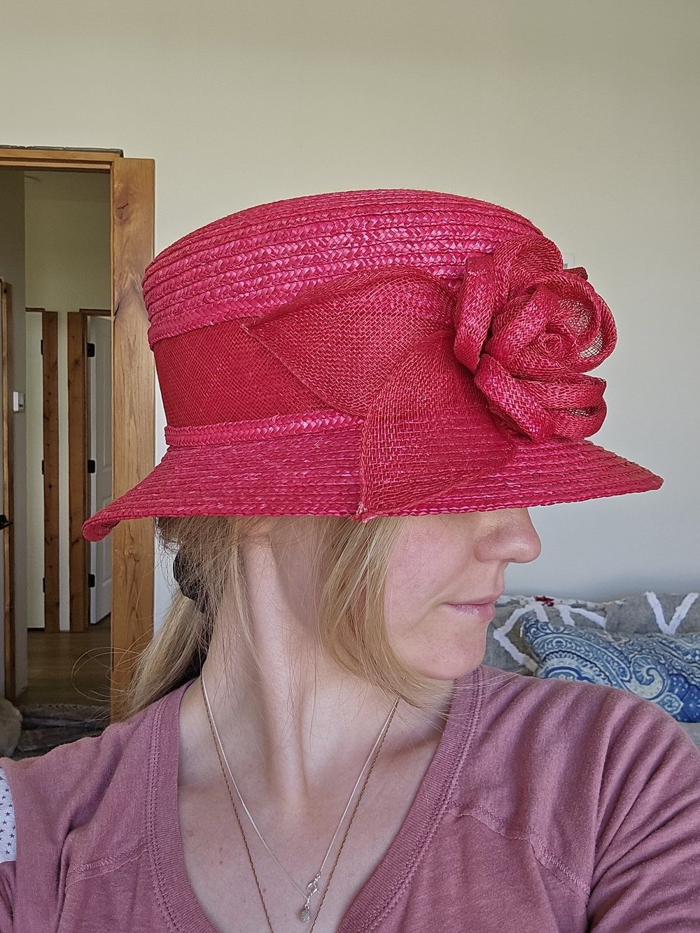 betmar Bright Red Floral Straw Cloche Hat - Picture 3 of 6